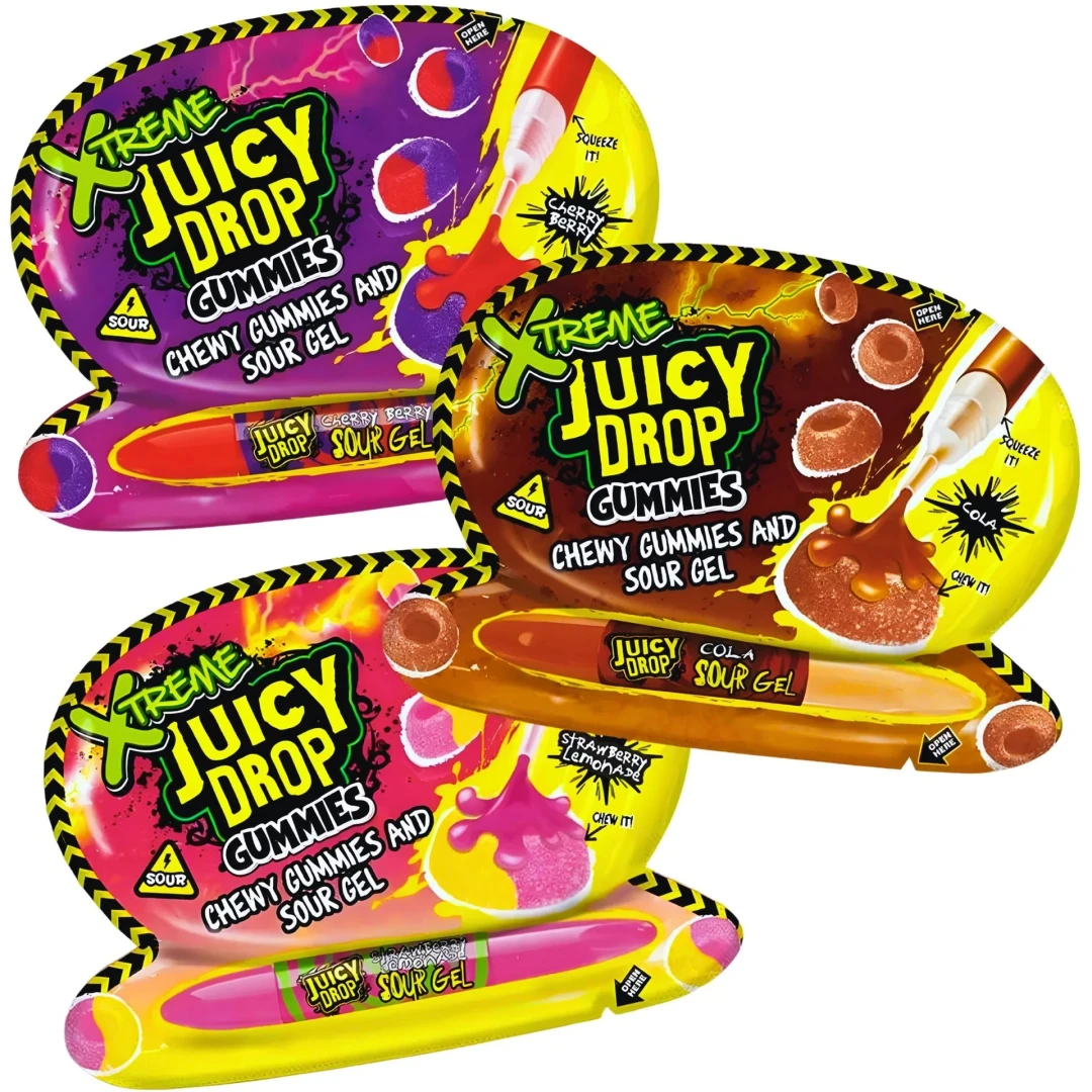Bazooka Juicy Drop Xtreme Gummies 57g Żelki z pisakiem z extremalnie kwaśnym żelem o smaku cola lub wiśniowo- jagodowym lub lemoniady truskawkowej