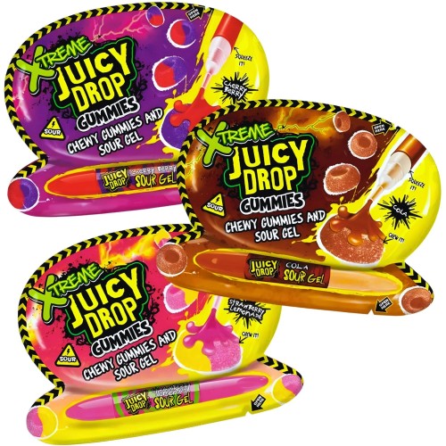Bazooka Juicy Drop Xtreme Gummies 57g Żelki z pisakiem z extremalnie kwaśnym żelem o smaku cola lub wiśniowo- jagodowym lub lemoniady truskawkowej