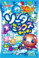 Meito Soda Mix Candy 56g Japońskie musujące landrynki o smaku napojów: ramune, sody winogronowej, melonowej oraz coli