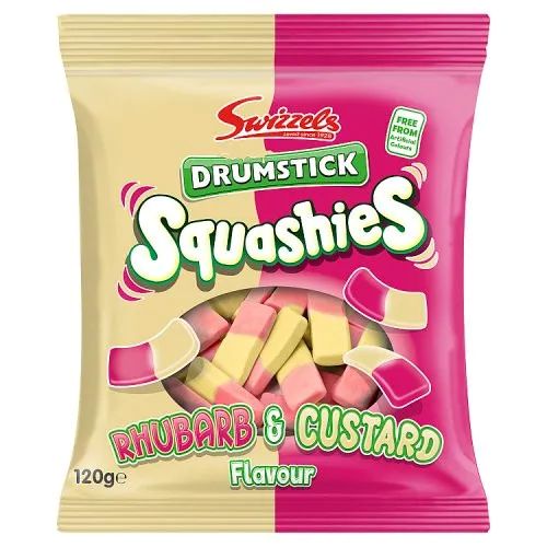 Swizzels Squashies Rhubarb & Custard 120g Żelki piankowe o smaku rabarbaru z waniliowym kremem