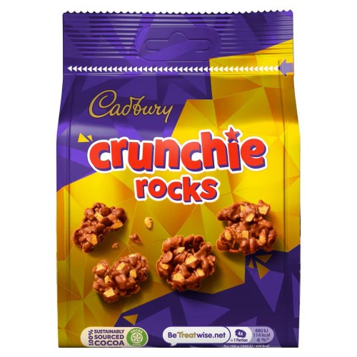 Cadbury Crunchie Rocks 100g Klastry z mlecznej czekolady z płatkami kukurydzianymi i kawałkami przypominającymi plastry miodu