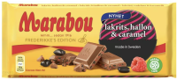 Marabou Lakritz, Raspberry & Caramel 160g Mleczna czekolada ze słoną lukrecją, kandyzowanymi malinami i karmelem