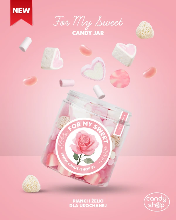 Słoik "Dla Niej - For My Sweet" z Żelkami i Piankami 400g o smaku owocowym 750ml Prezent na Dzień Kobiet