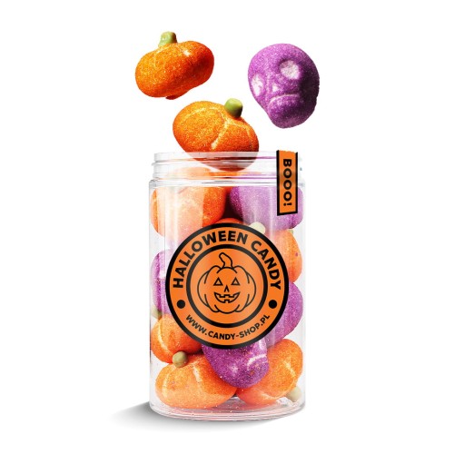 Słoik "Halloween - Dynie i Czaszki" z Piankami 100g o smaku owocowym 400ml