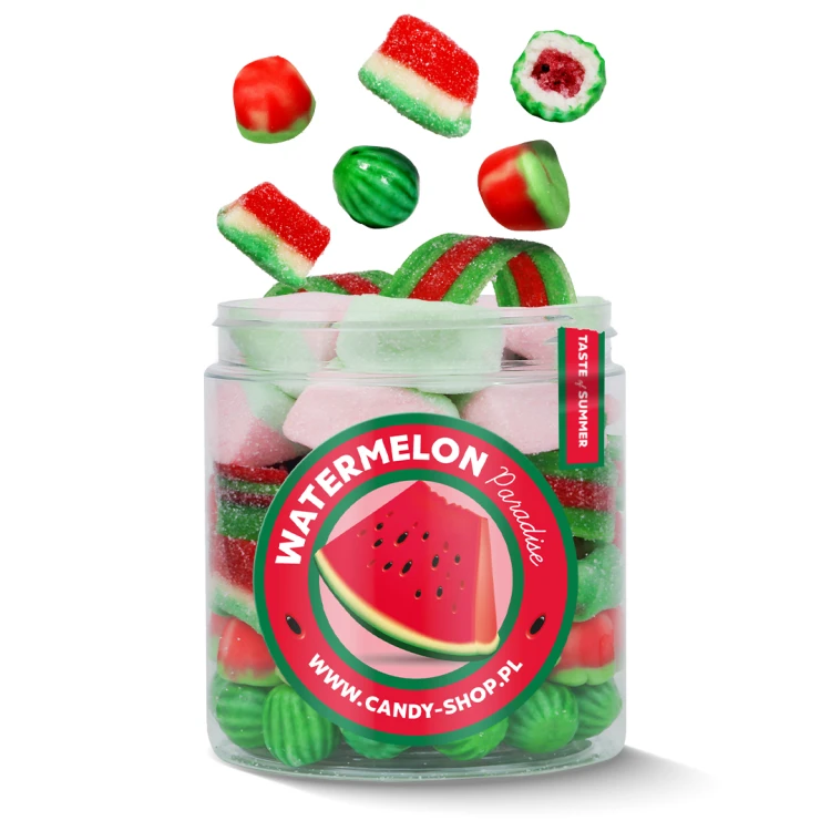 Słoik "Arbuzowy - Watermelon Paradise" z Żelkami, Piankami i Gumami 400g o smaku arbuzowym 750ml