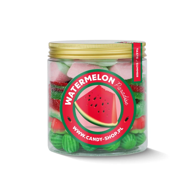 Słoik "Arbuzowy - Watermelon Paradise" z Żelkami, Piankami i Gumami 400g o smaku arbuzowym 750ml