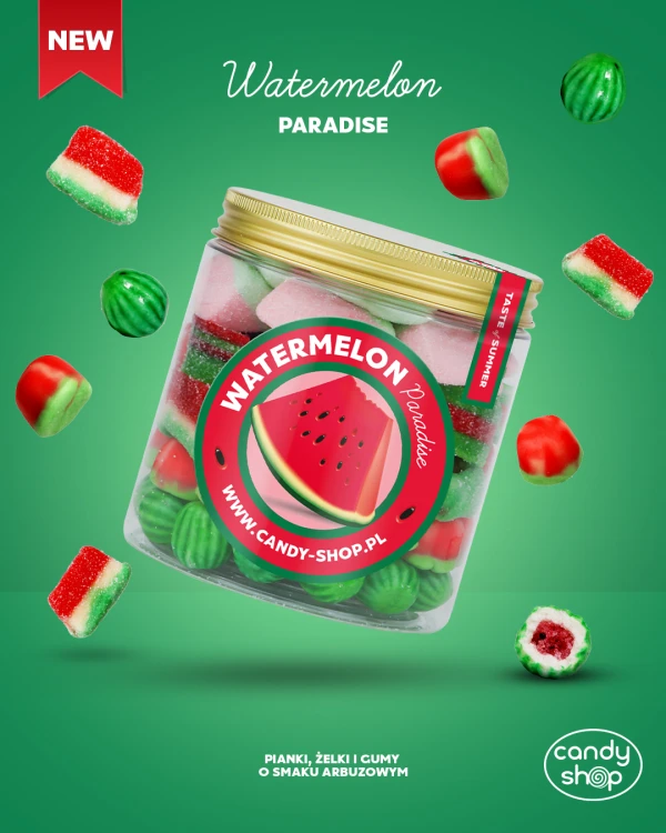 Słoik "Arbuzowy - Watermelon Paradise" z Żelkami, Piankami i Gumami 400g o smaku arbuzowym 750ml