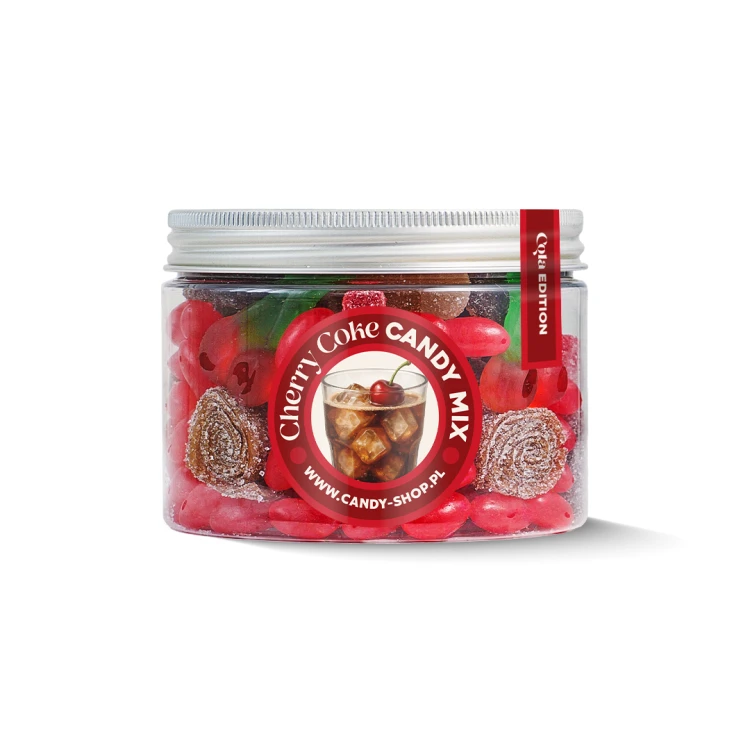 Słoik "Cola Wiśniowa - Cherry Coke Candy Mix" z Żelkami i Jelly Beans 450g o smaku coli i wiśni 500ml