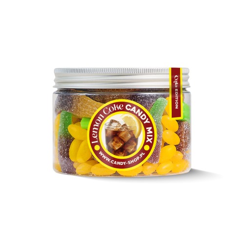Słoik "Cola Cytrynowa - Lemon Coke Candy Mix" z Żelkami i Jelly Beans 450g o smaku coli i cytryny 500ml