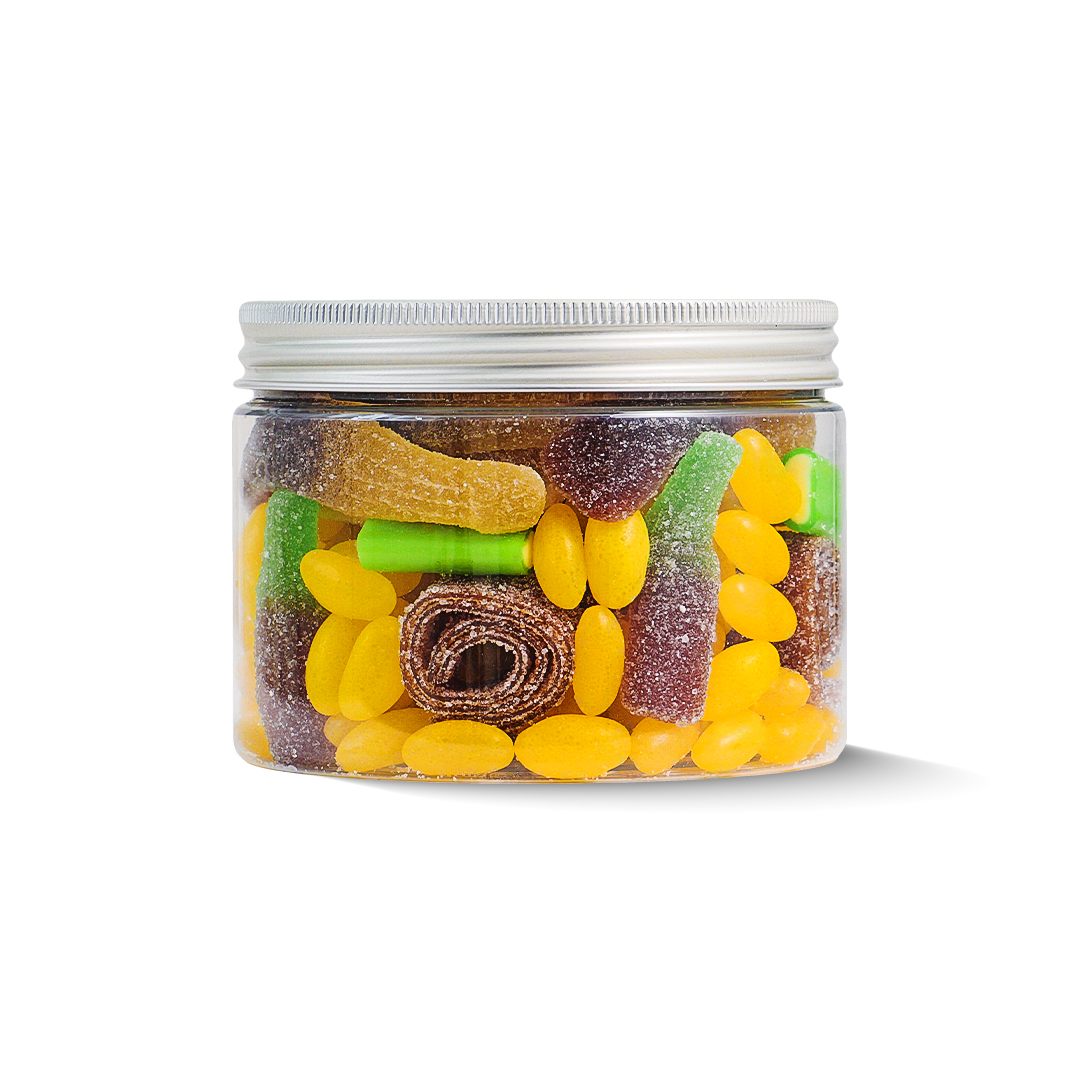 Słoik "Cola Cytrynowa - Lemon Coke Candy Mix" z Żelkami i Jelly Beans 450g o smaku coli i cytryny 500ml