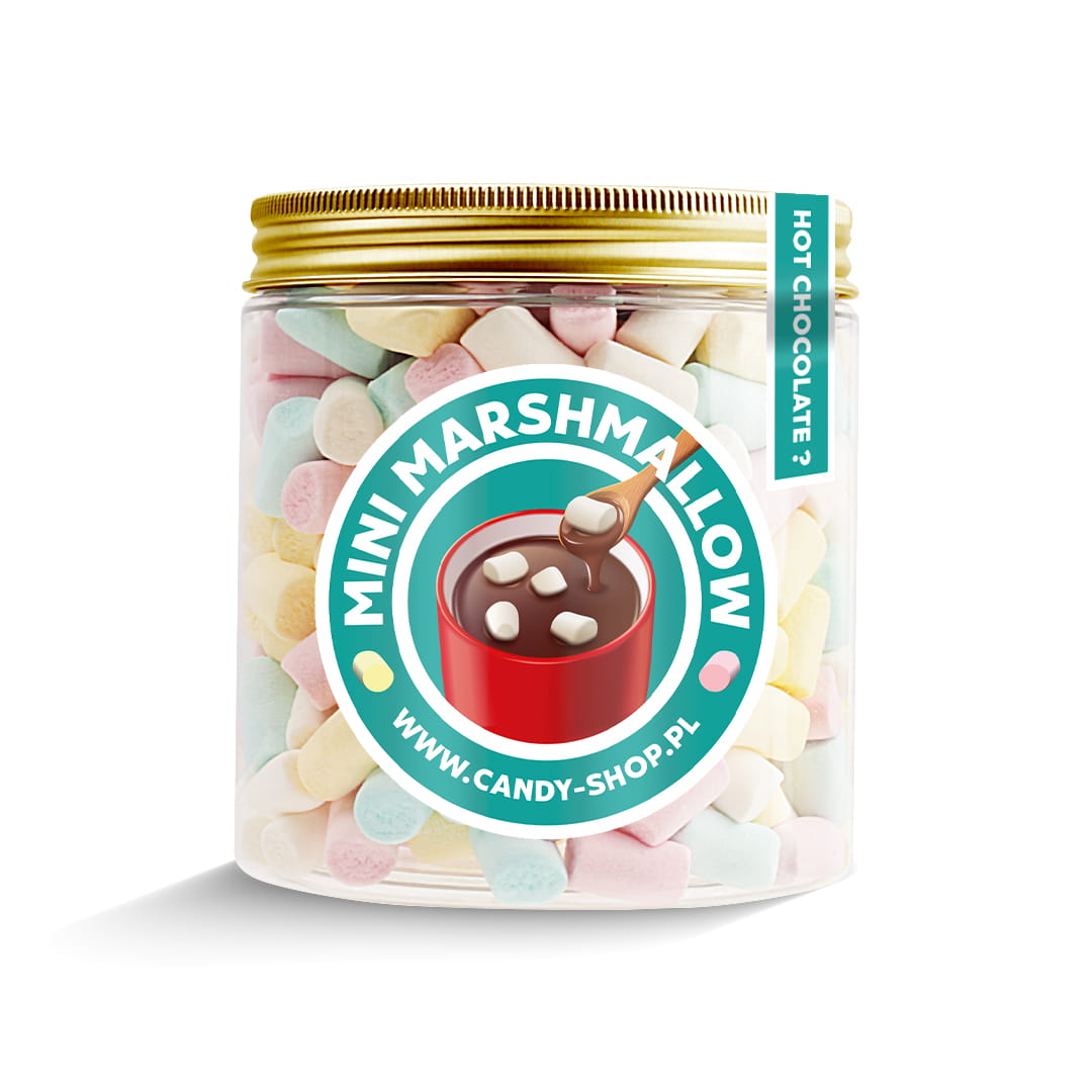 Słoik z Piankami "Mini do Kawy Gorącej Czekolady Deserów" 200g o smaku owocowym 750ml