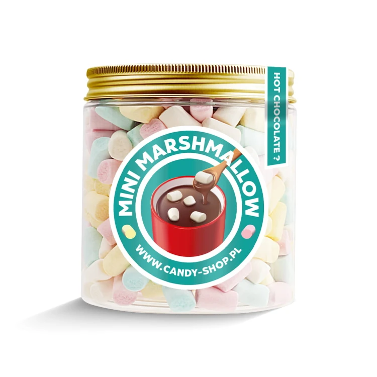 Słoik z Piankami "Mini do Kawy Gorącej Czekolady Deserów" 200g o smaku owocowym 750ml