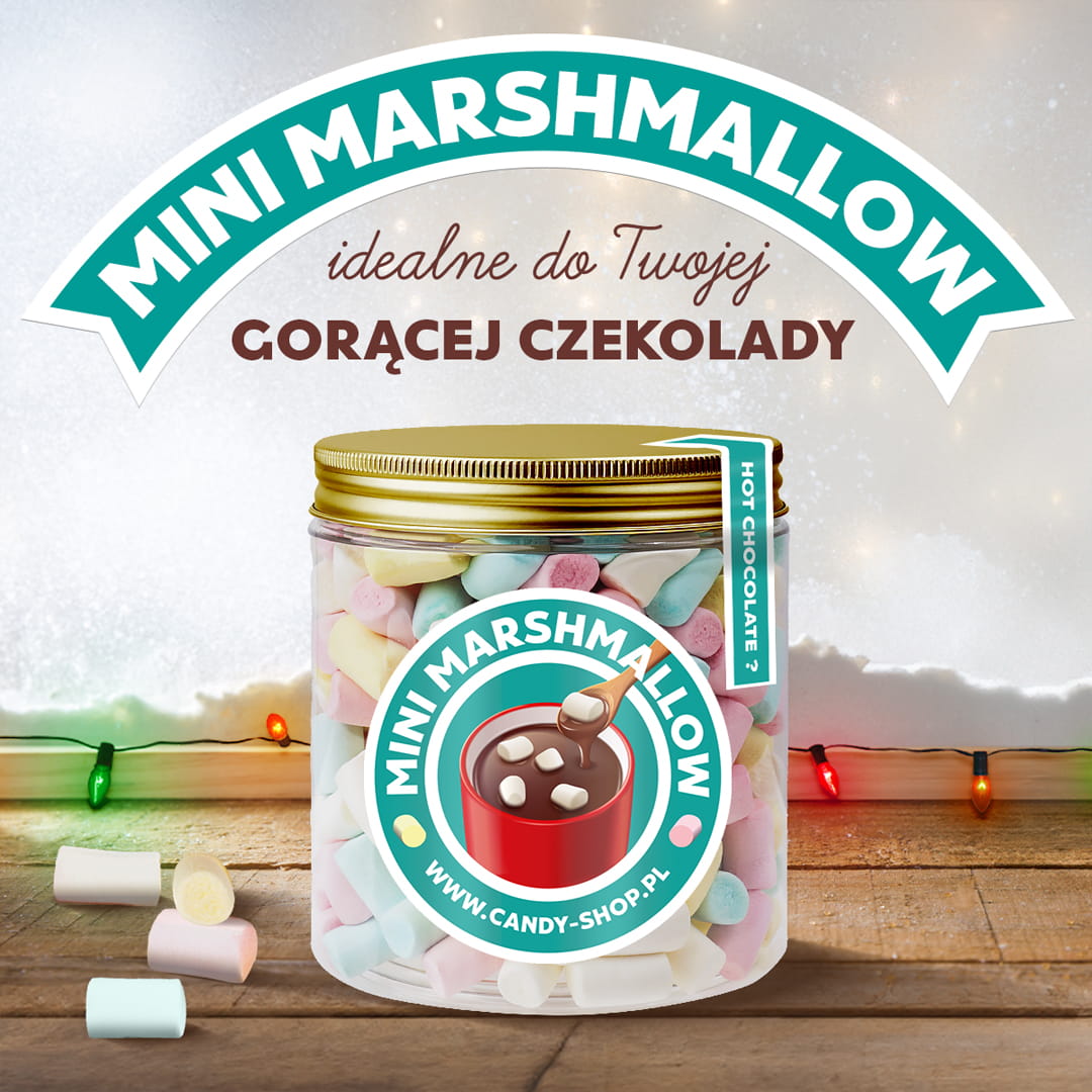 Słoik z Piankami "Mini do Kawy Gorącej Czekolady Deserów" 200g o smaku owocowym 750ml