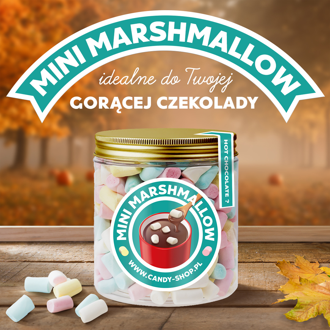 Słoik z Piankami "Mini do Kawy Gorącej Czekolady Deserów" 200g o smaku owocowym 750ml