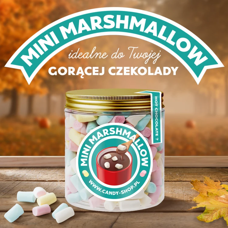 Słoik z Piankami "Mini do Kawy Gorącej Czekolady Deserów" 200g o smaku owocowym 750ml