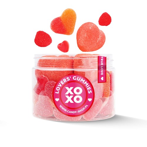 Słoik "XOXO Przytul Mnie! - Lover's Gummies" z Żelkami i Piankami Serca 300g o smaku owocowym 500ml Prezent
