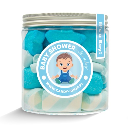 Słoik "Gwiazdki Niebieskie - Baby Stars Blue" na Baby Shower dla Chłopca z Piankami 200g o smaku owocowym 750ml