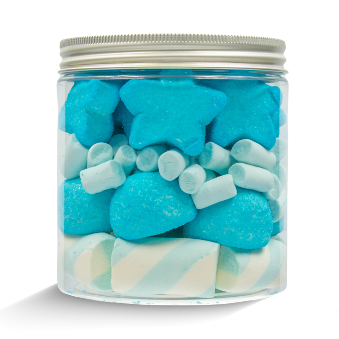 Słoik "Gwiazdki Niebieskie - Baby Stars Blue" na Baby Shower dla Chłopca z Piankami 200g o smaku owocowym 750ml