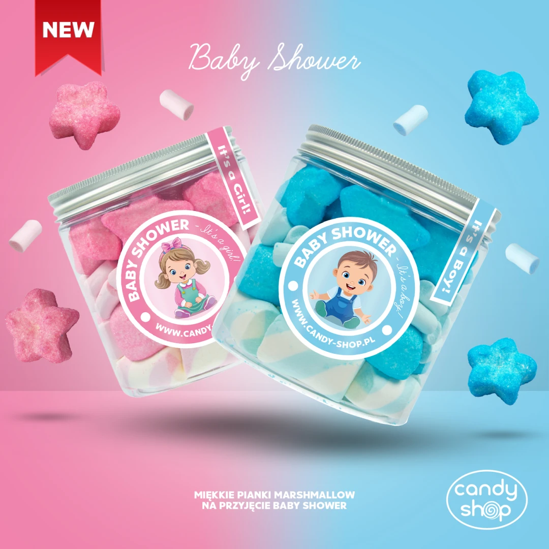 Słoik "Gwiazdki Niebieskie - Baby Stars Blue" na Baby Shower dla Chłopca z Piankami 200g o smaku owocowym 750ml