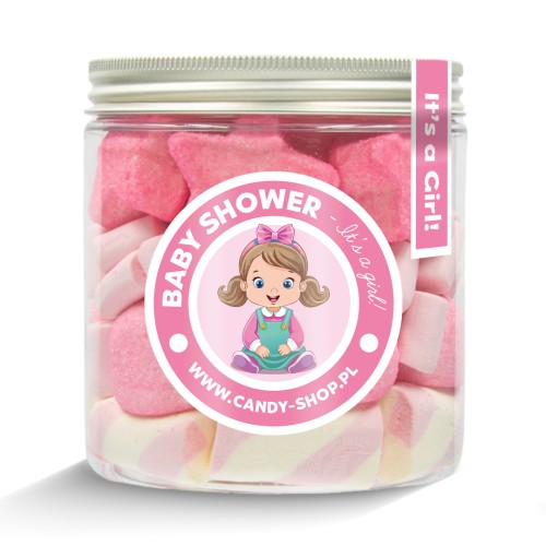Słoik "Gwiazdki Różowe - Baby Stars Pink" na Baby Shower dla Dziewczynki z Piankami 200g o smaku owocowym 750ml