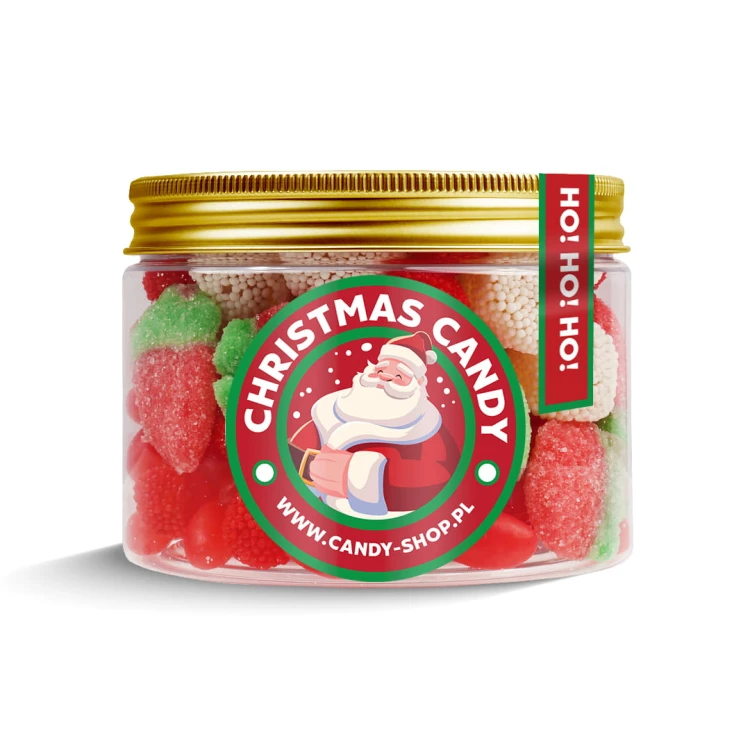 Słoik "Świąteczna Truskawka - Christmas Candy" z Żelkami i Jelly Beans 400g o smaku owocowym 500ml