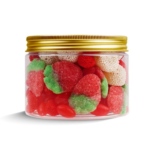 Słoik "Świąteczna Truskawka - Christmas Candy" z Żelkami i Jelly Beans 400g o smaku owocowym 500ml