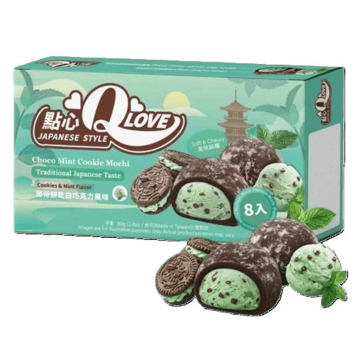 QLOVE Choco Mint Cookie Mini Mochi 80g Tajwański deser  o smaku czekoladowo-miętowych ciastek