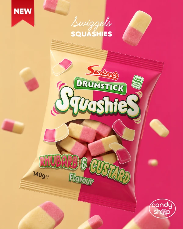 Swizzels Squashies Rhubarb & Custard 120g Żelki piankowe o smaku rabarbaru z waniliowym kremem