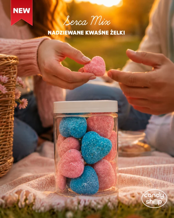 Kwaśne Żelki "Serca Mix" w cukrze 200g z nadzieniem o smaku truskawkowym i malinowym