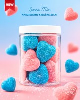Kwaśne Żelki "Serca Mix" w cukrze 200g z nadzieniem o smaku truskawkowym i malinowym