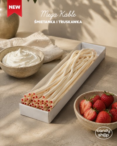 Żelki "Mega Kable Mega Żele Śmietanka z Truskawką" 3,2kg 40szt. o smaku śmietankowo- truskawkowym