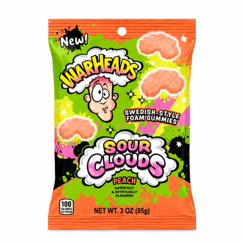 Warheads Sour Clouds Peach 85g Kwaśne piankowe żelki w kształcie chmurek o smaku brzoskwiniowym