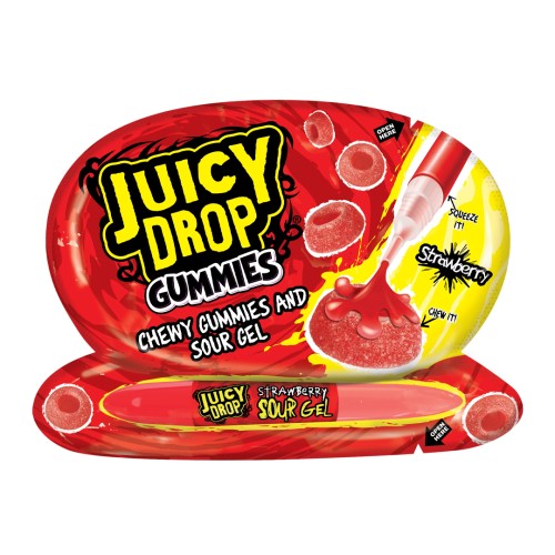 Bazooka Juicy Drop Gummies 57g Żelki z pisakiem z kwaśnym żelem o smaku malinowym lub truskawkowym