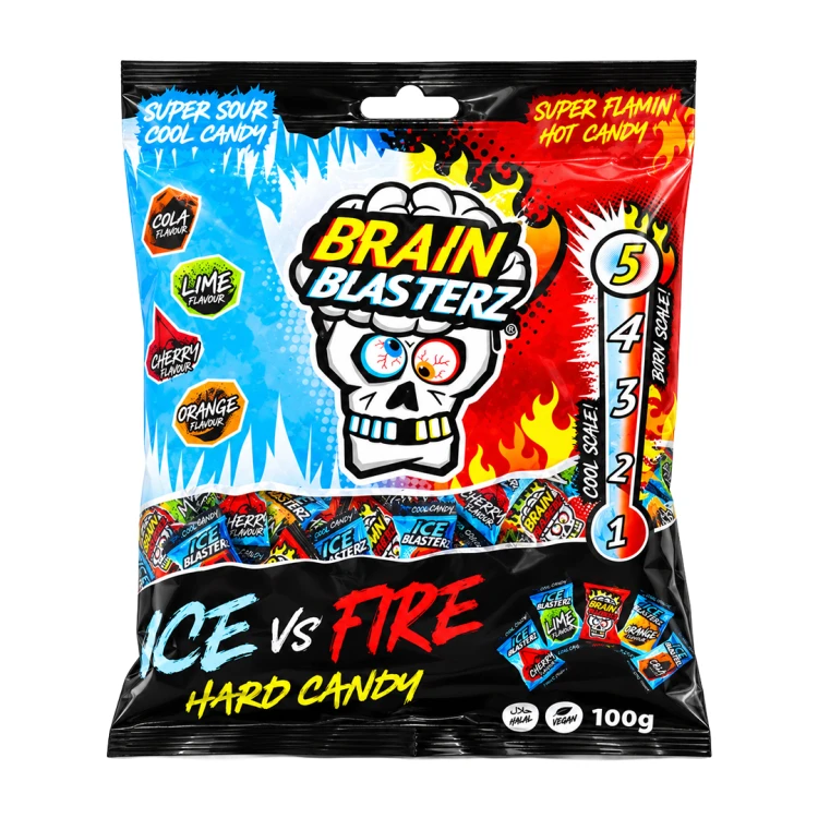Brain Blasterz Ice VS Fire Hard Candy Level 5 Sour 100g Ekstremalnie kwaśne cukierki chłodzące VS pikantne