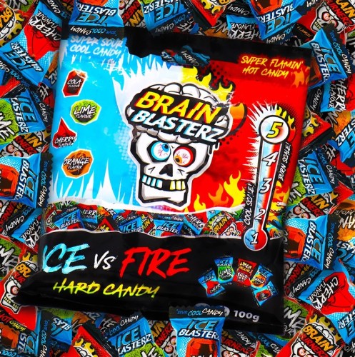 Brain Blasterz Ice VS Fire Hard Candy Level 5 Sour 100g Ekstremalnie kwaśne cukierki chłodzące VS pikantne