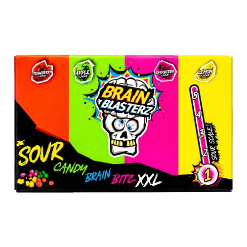 Brain Blasterz Sour Candy Brain Bitz XXL 144g Kwaśne cukierki o smaku truskawkowym, jabłkowym, cytrynowym i malinowym