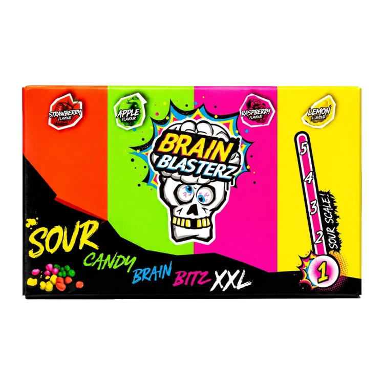 Brain Blasterz Sour Candy Brain Bitz XXL 144g Kwaśne cukierki o smaku truskawkowym, jabłkowym, cytrynowym i malinowym