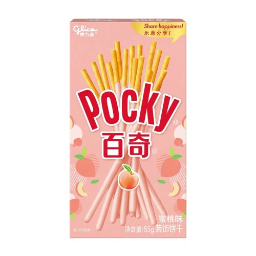 Pocky Peach flavour 55g Chrupiące paluszki w polewie o smaku brzoskwiniowym