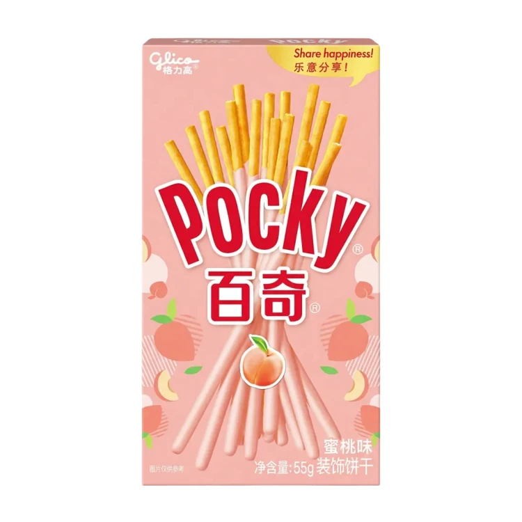 Pocky Peach flavour 55g Chrupiące paluszki w polewie o smaku brzoskwiniowym