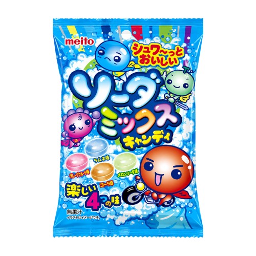 Meito Soda Mix Candy 56g Japońskie musujące landrynki o smaku napojów: ramune, sody winogronowej, melonowej oraz coli