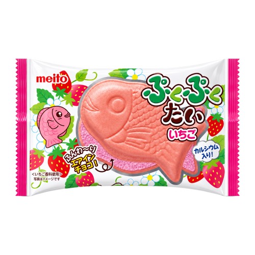 Meito Puku Puku Tai Fish Shaped Air In Chocolate Strawberry 16,5g Japoński wafelek "Rybka" z puszystym nadzieniem o smaku truskawkowym