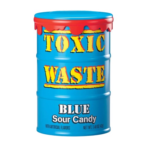 Toxic Waste Blue Sour Candy Drum 42g Niebieskie kwaśne cukierki o smakach: niebieskiej lemoniady, waty cukrowej, niebieskich owoców, winogronowym, niebieskich umeboshi