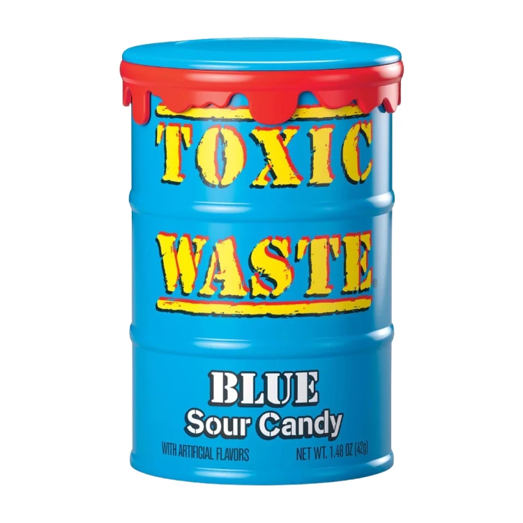 Toxic Waste Blue Sour Candy Drum 42g Niebieskie kwaśne cukierki o smakach: niebieskiej lemoniady, waty cukrowej, niebieskich owoców, winogronowym, niebieskich umeboshi