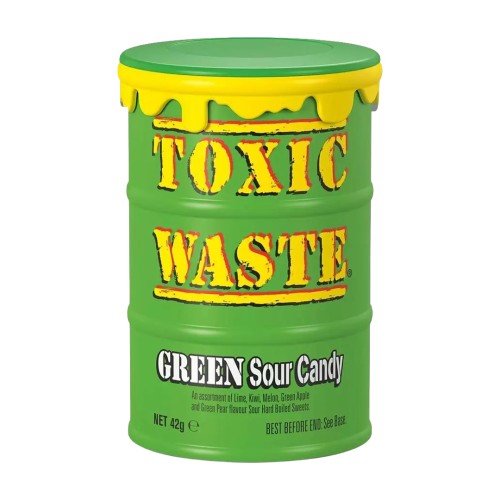 Toxic Waste Green Sour Candy 42g Kwaśne cukierki o smaku: limonki, kiwi, melona, jabłka i gruszki