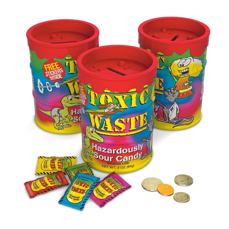 Toxic Waste Money Bank Tye-Dye Hazardously Sour Candy 84g Skarbonka z ekstremalnie kwaśnymi cukierkami o smakach: cytrynowym, wiśniowym, jagodowym, arbuzowym i jabłkowym