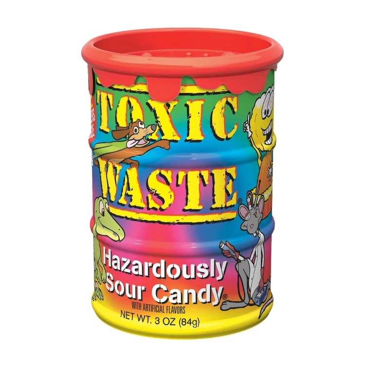 Toxic Waste Money Bank Tye-Dye Hazardously Sour Candy 84g Skarbonka z ekstremalnie kwaśnymi cukierkami o smakach: cytrynowym, wiśniowym, jagodowym, arbuzowym i jabłkowym