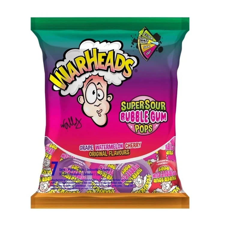 Warheads Super Sour Bubble Gum Pops Orginal Flavours 105g Lizaki z gumą balonową o smaku owocowym