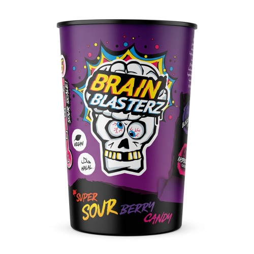 Brain Blasterz Super Sour Berry Candy 48g Ekstremalnie kwaśne cukierki z kwaśnym proszkiem w środku o smaku czarnej porzeczki, maliny, borówki i truskawki
