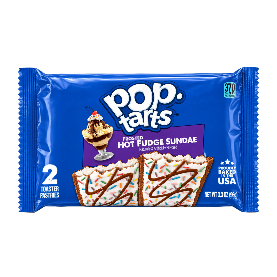 Pop Tarts Hot Fudge Sundae 96g Amerykańskie ciasteczka z nadzieniem o smaku lodów waniliowych, czekoladowej polewy i cukierkowej posypki