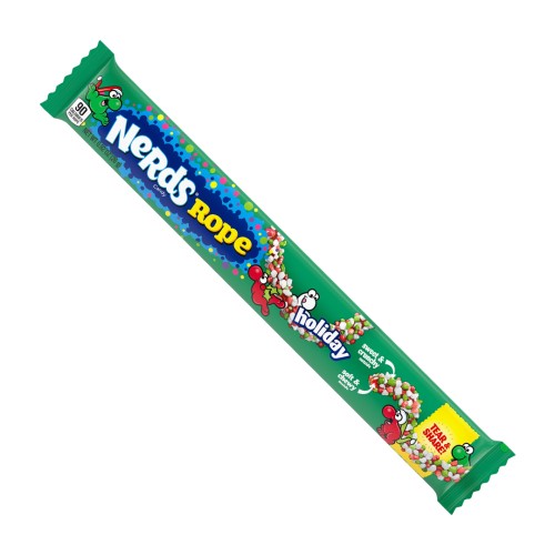 Nerds Rope Holiday Christmas 26g Żelka w posypce z cukierków Nerds w świątecznych kolorach o smaku owocowym